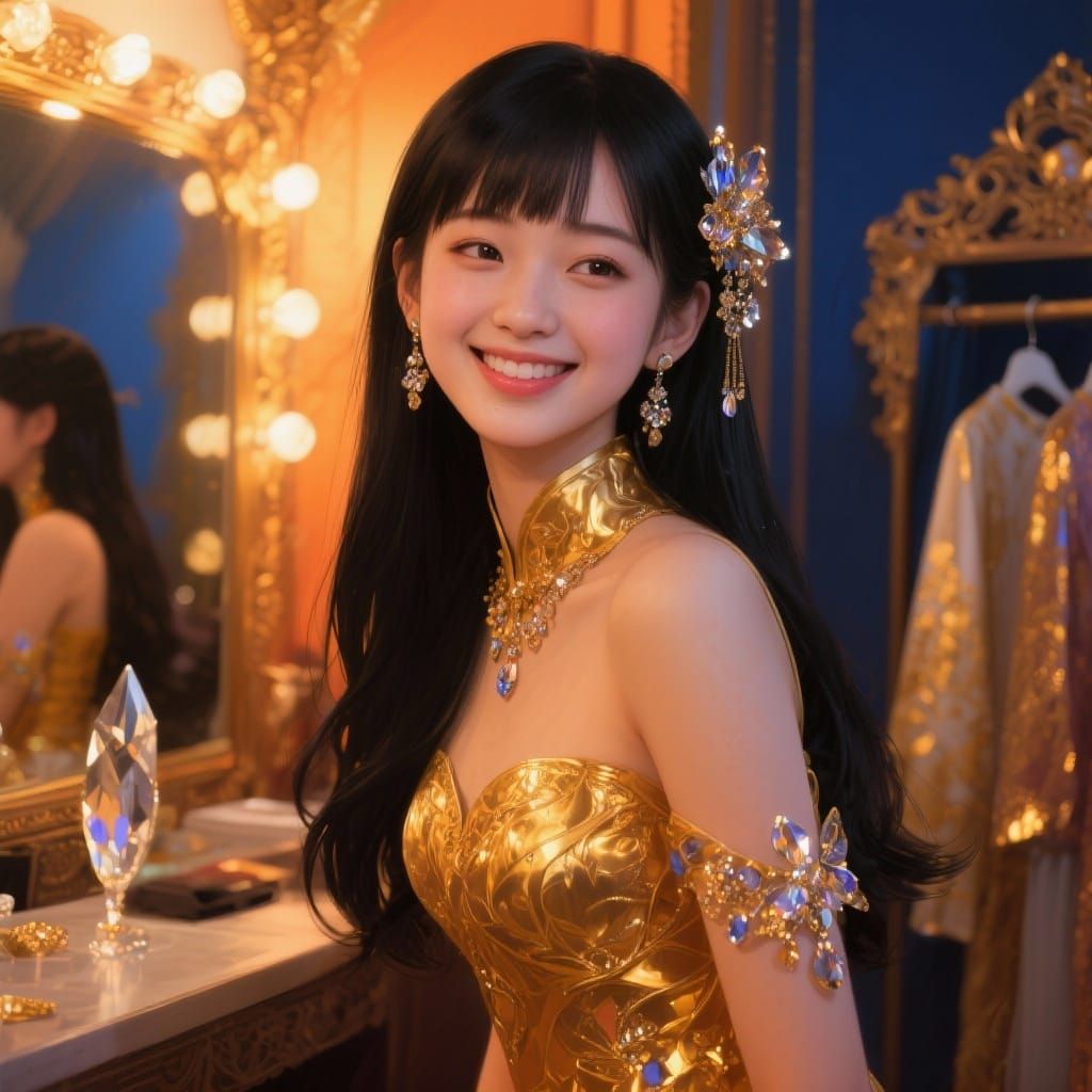 Beautiful Japanese Girl in Golden Outfit, Cinematic Portrait