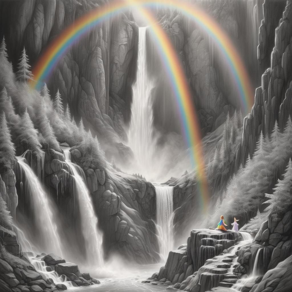 Crystal Mountain Waterfall with Fairy in Charcoal Style
