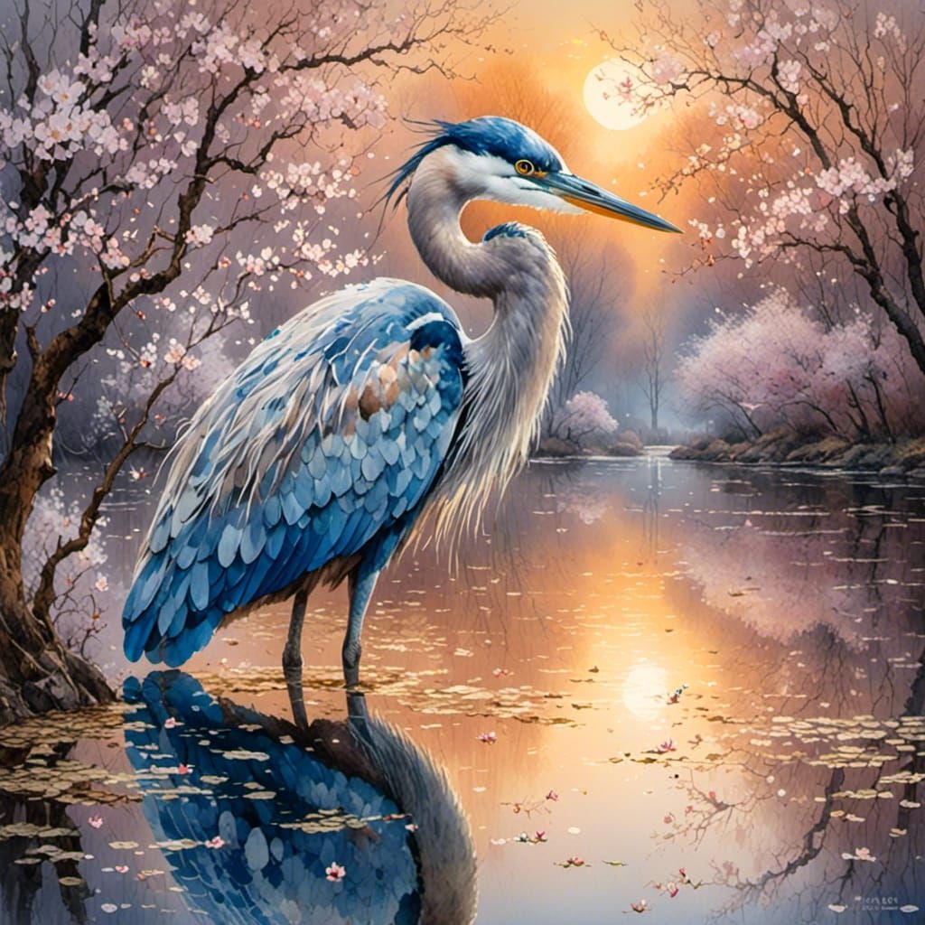 Majestic Blue Heron Portrait with Cherry Blossoms