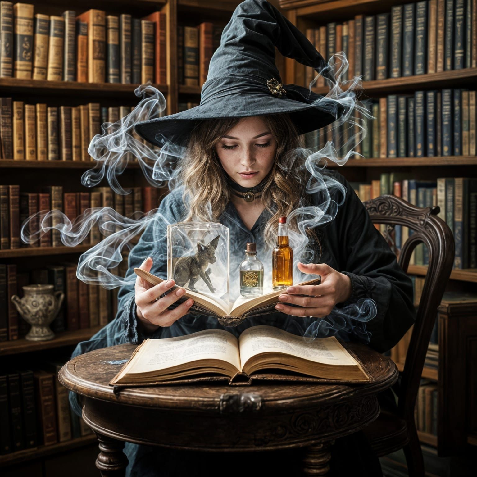 Surreal Witch Unveils Mystical Library Secrets