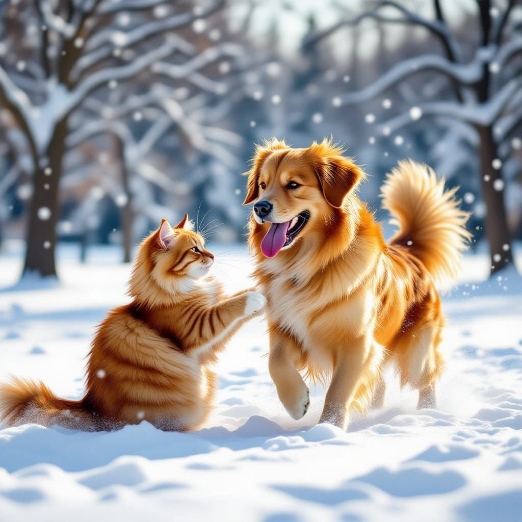 Cat and Dog Play in Snowy Park, Painterly Style