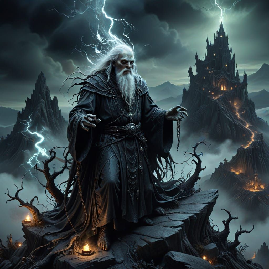 Wise Wizard Conjures Ethereal Energy on Mountain Peak