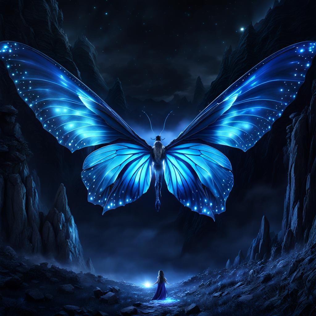 Mystical Blue Butterfly on Hill at Night
