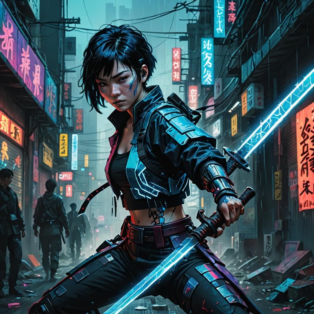 Cyberpunk Warrior Shatters Neon Opponent