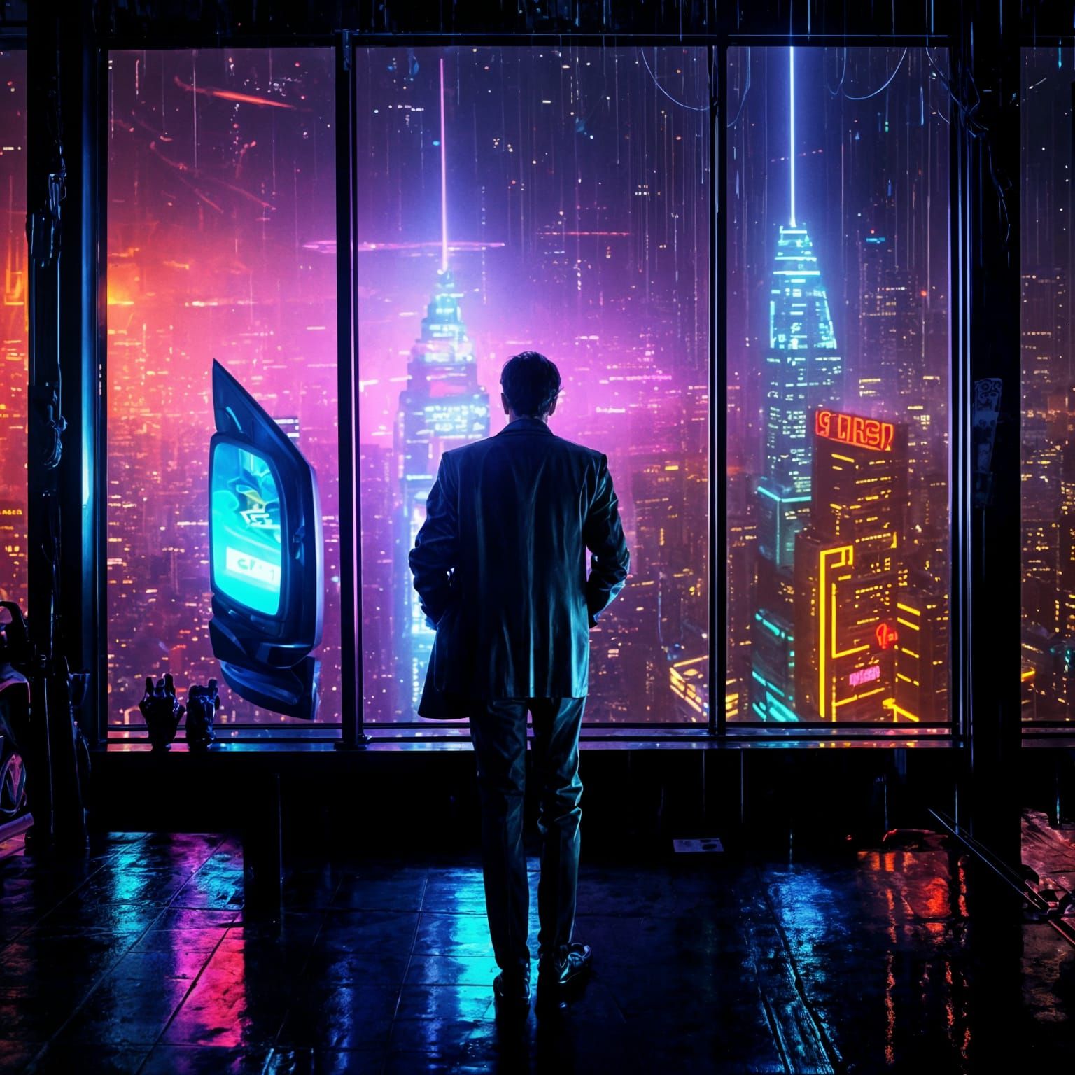 Neo-Noir Cat Observes the City from Above