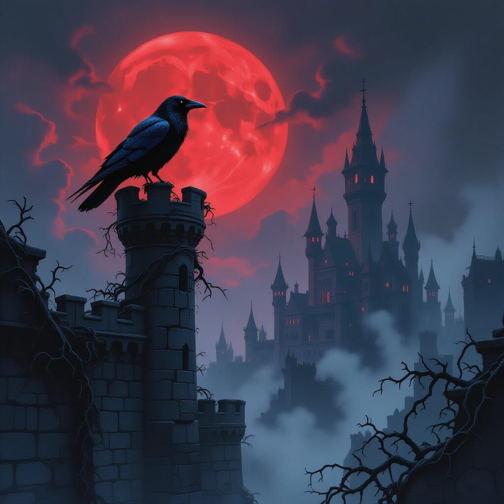 Raven on Gothic Turret Under Blood Moon