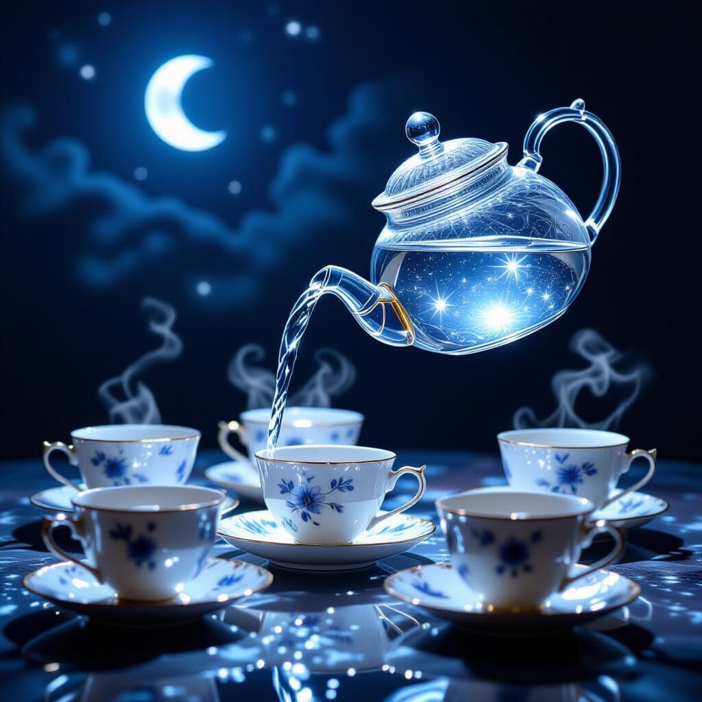 Crystal Teapot Pours Moonlight into Floating Cups