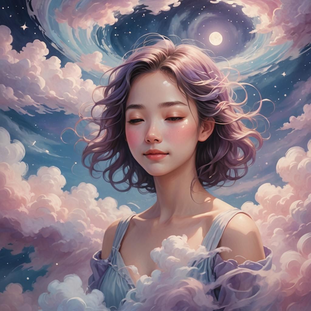 Dreamy Cloudscape with Serene Woman in Ethereal Moonlight