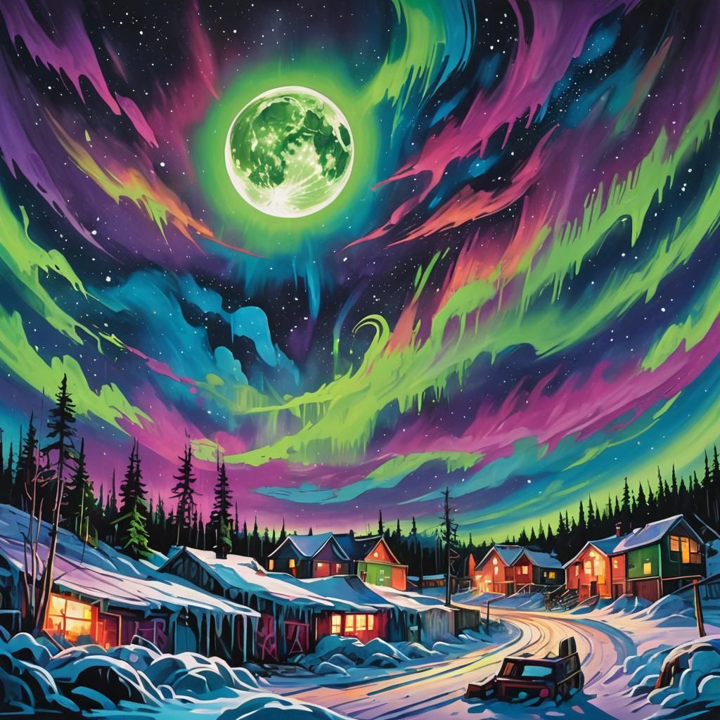 Vibrant Aurora Over Icy Plain in Graffiti Style