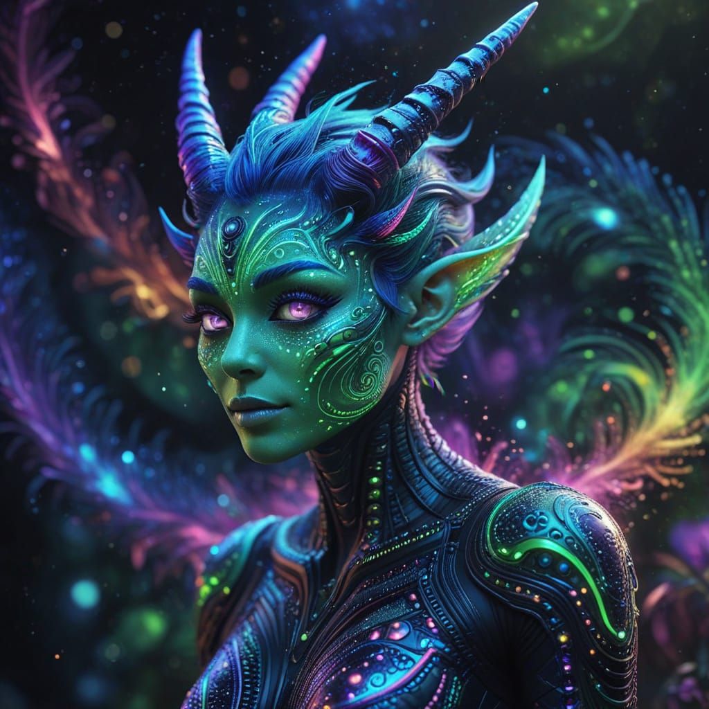 Vibrant Cosmic Alien Goddess in Hyper-Realistic Anime Style