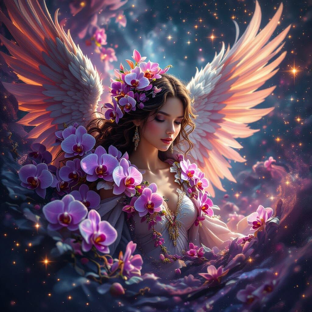 Vibrant Angel with Orchids Amidst Cosmic Stars