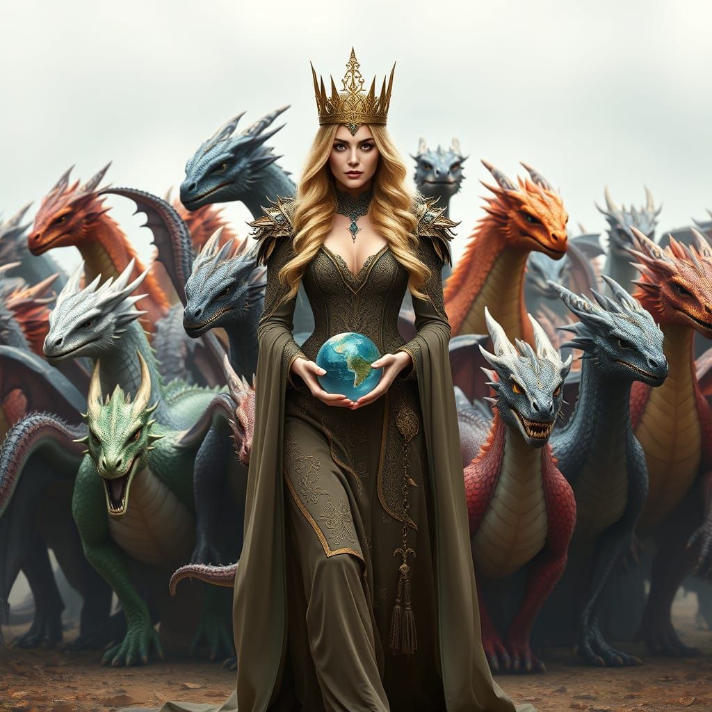 Dragon Queen Leading Her Army, Photorealistic Art