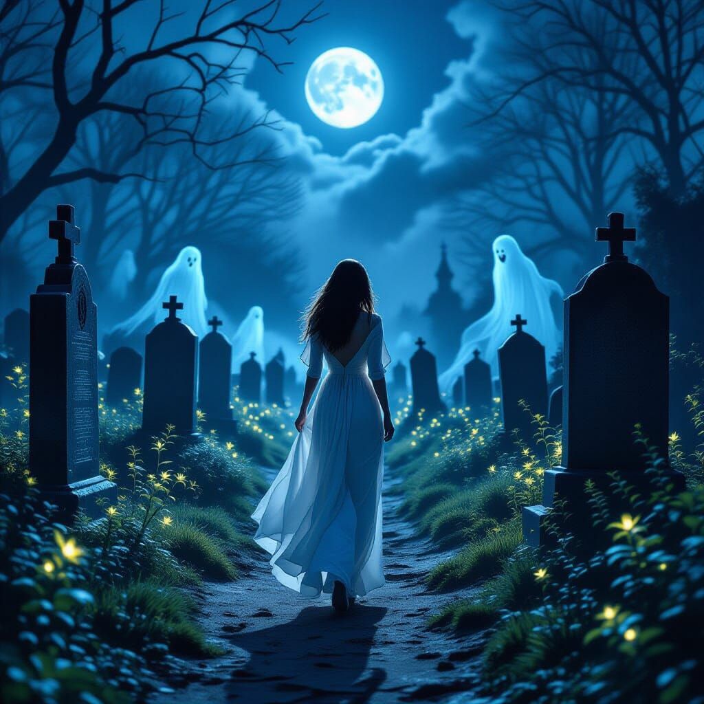 Ethereal Graveyard Scene with Ghostly Figures
