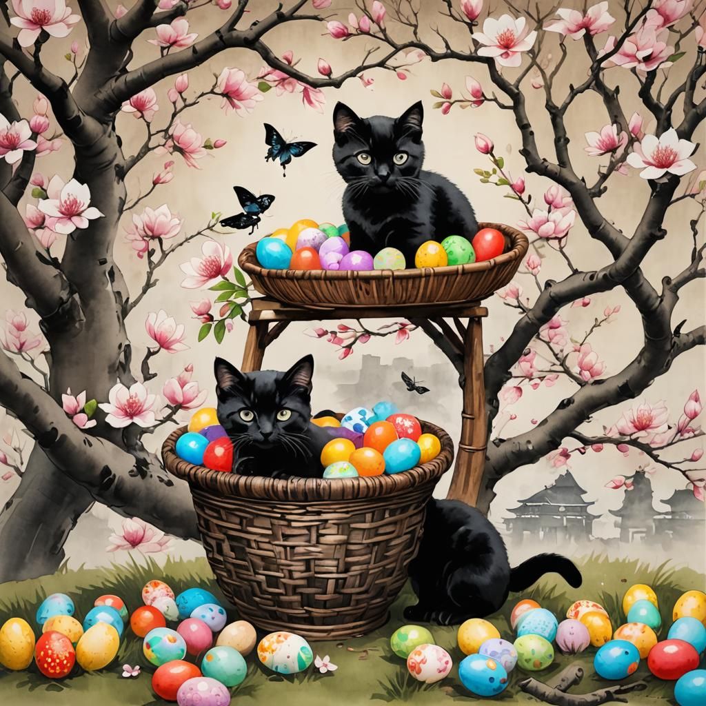 Kittens and Easter Eggs: Chinese Ink Painting