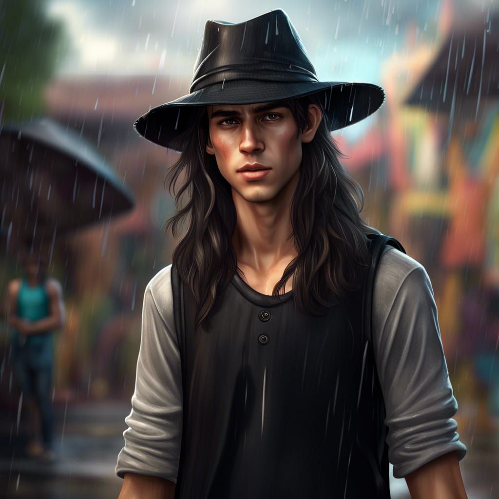 Teenage Boy in Rain: Detailed Matte Painting