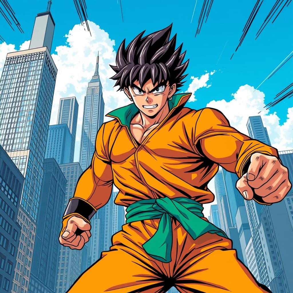 Heroic Manga Character in Dynamic Cityscape, Anime Style