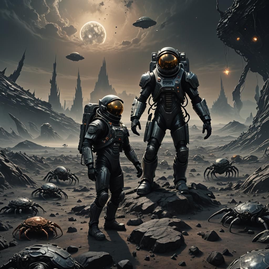 Astronaut on Crab Planet with Black Hole