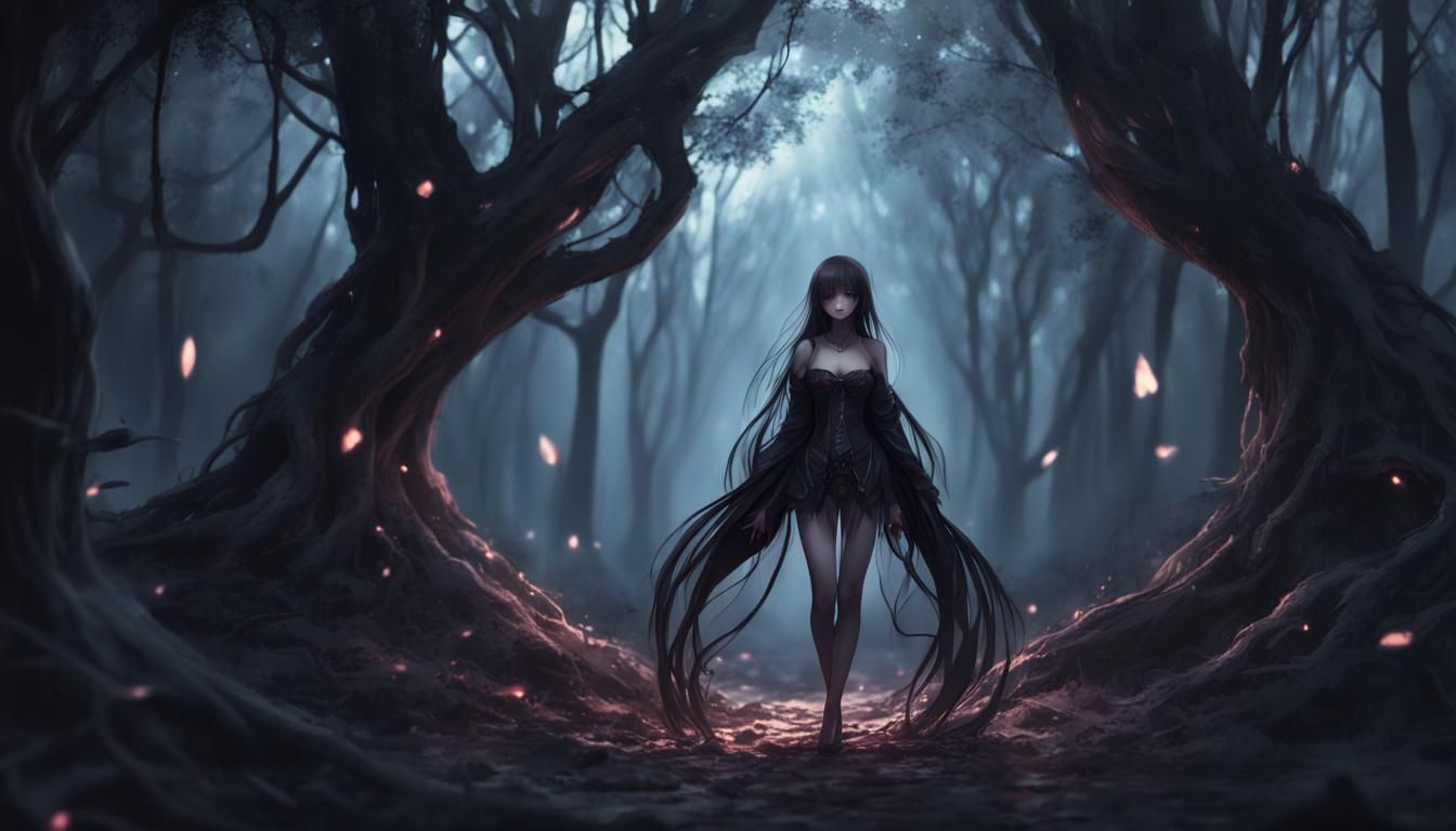 Dark Anime Fairytale Girl in Fantasy Forest
