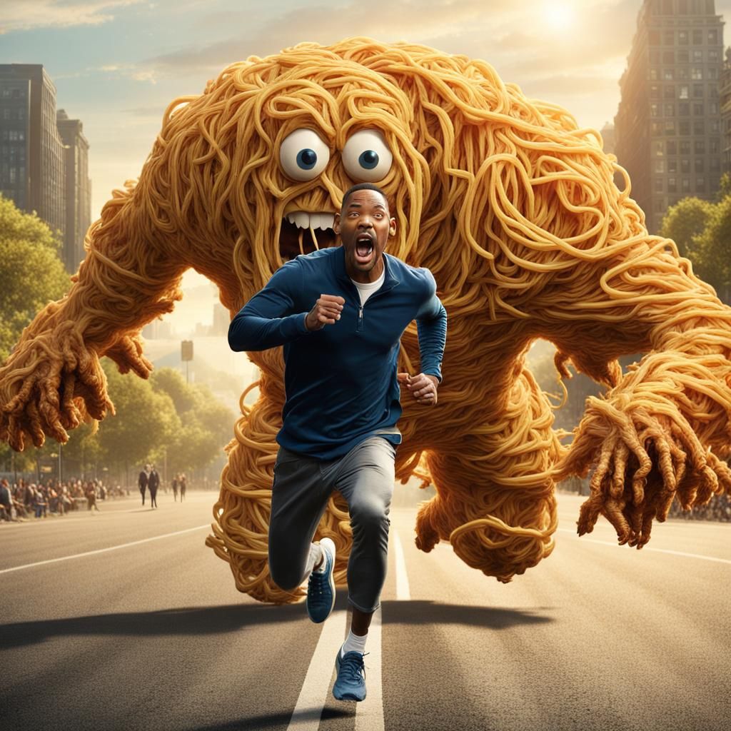 Man Fleeing Spaghetti Monster in Hyperrealistic 4K