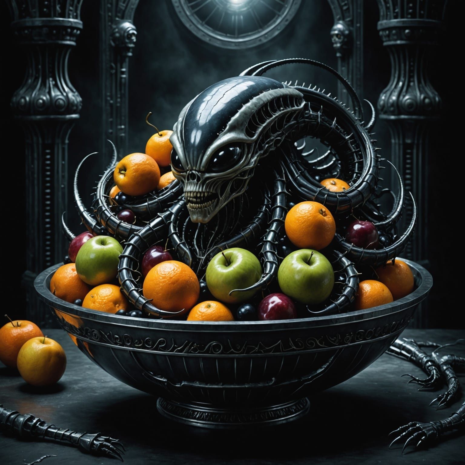 Alien Biomechanical Fruit in Dark Eerie Lighting
