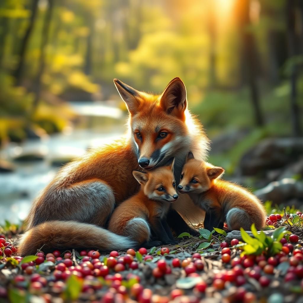 Fox Family Portrait in Sunlit Forest Clearing