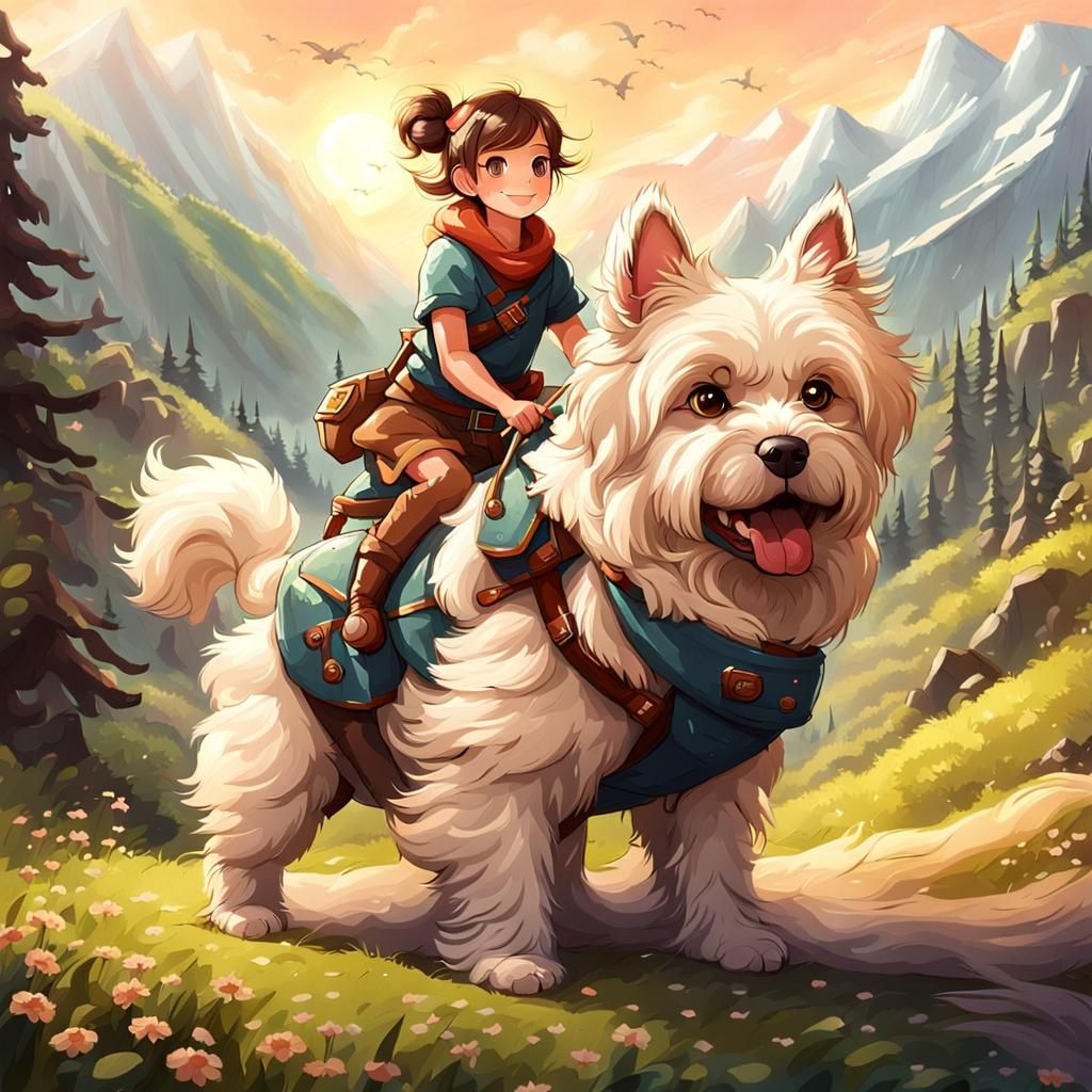 A pretty pixie riding on the back her gigantic very fluffy p...