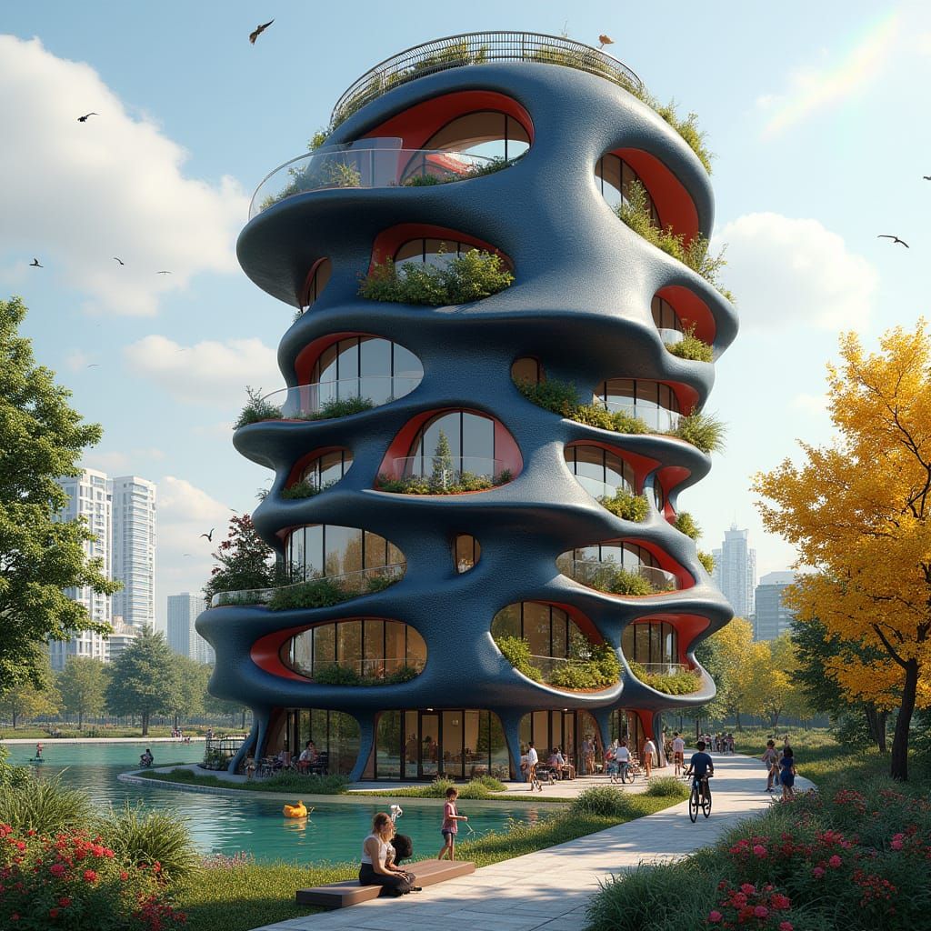 Organic High Rise Flower Building in Futuristic Urban Landsc...