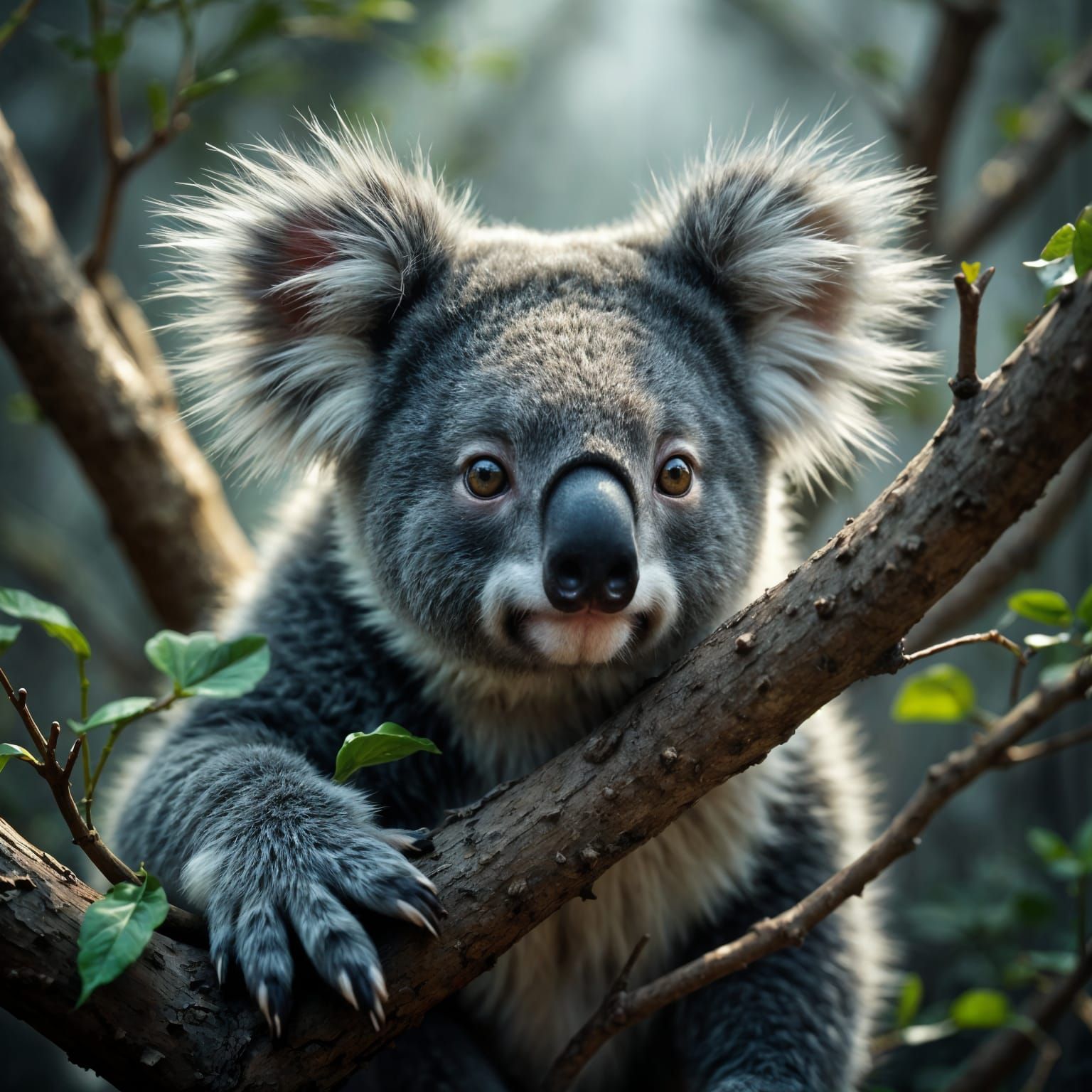 Hyperrealistic Koala in Dramatic Windswept Scene
