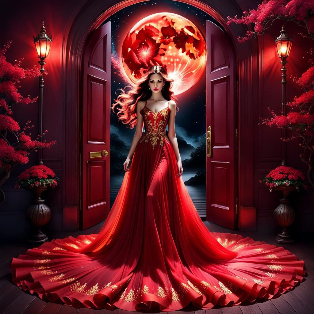 Giant Red Moon Opens to Luminous Dreamscape