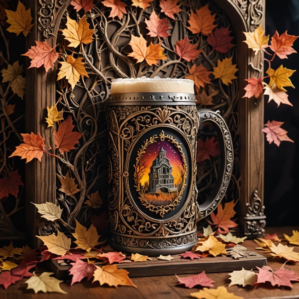 Ornate Beer Stein Shadowbox Art with Autumnal Aurora