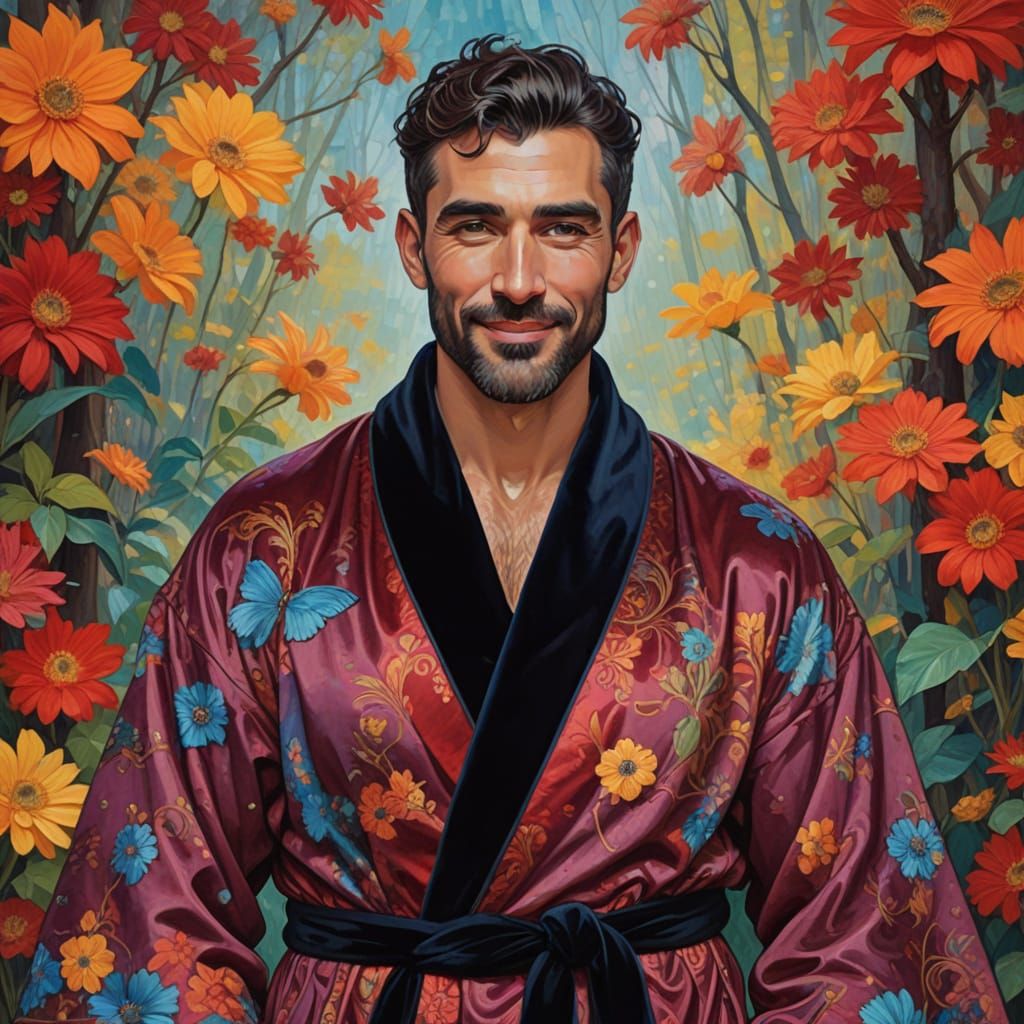 Handsome Man in Velvet Bathrobe in a Winter Forest Landscape