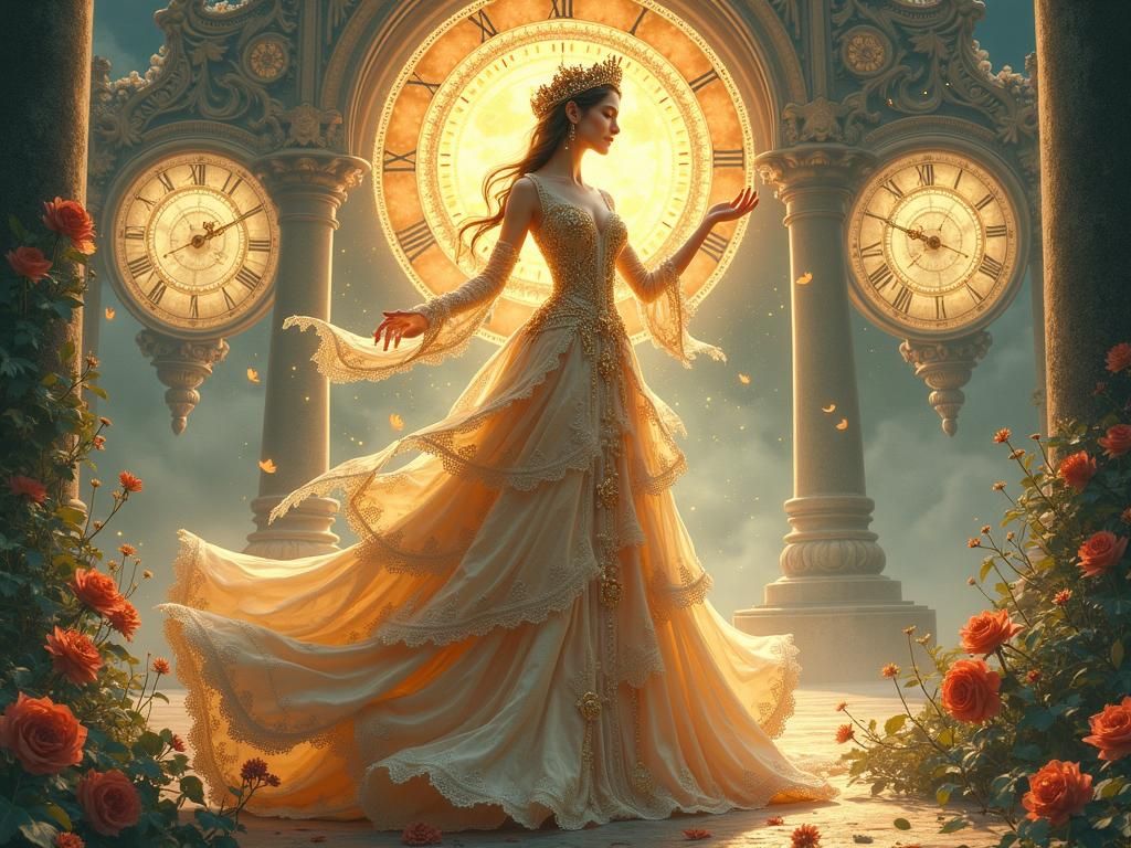Whimsical Clockwork Queen in Dreamlike Time Realm