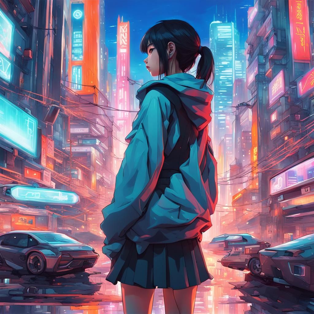 Anime Girl in Futuristic Cityscape