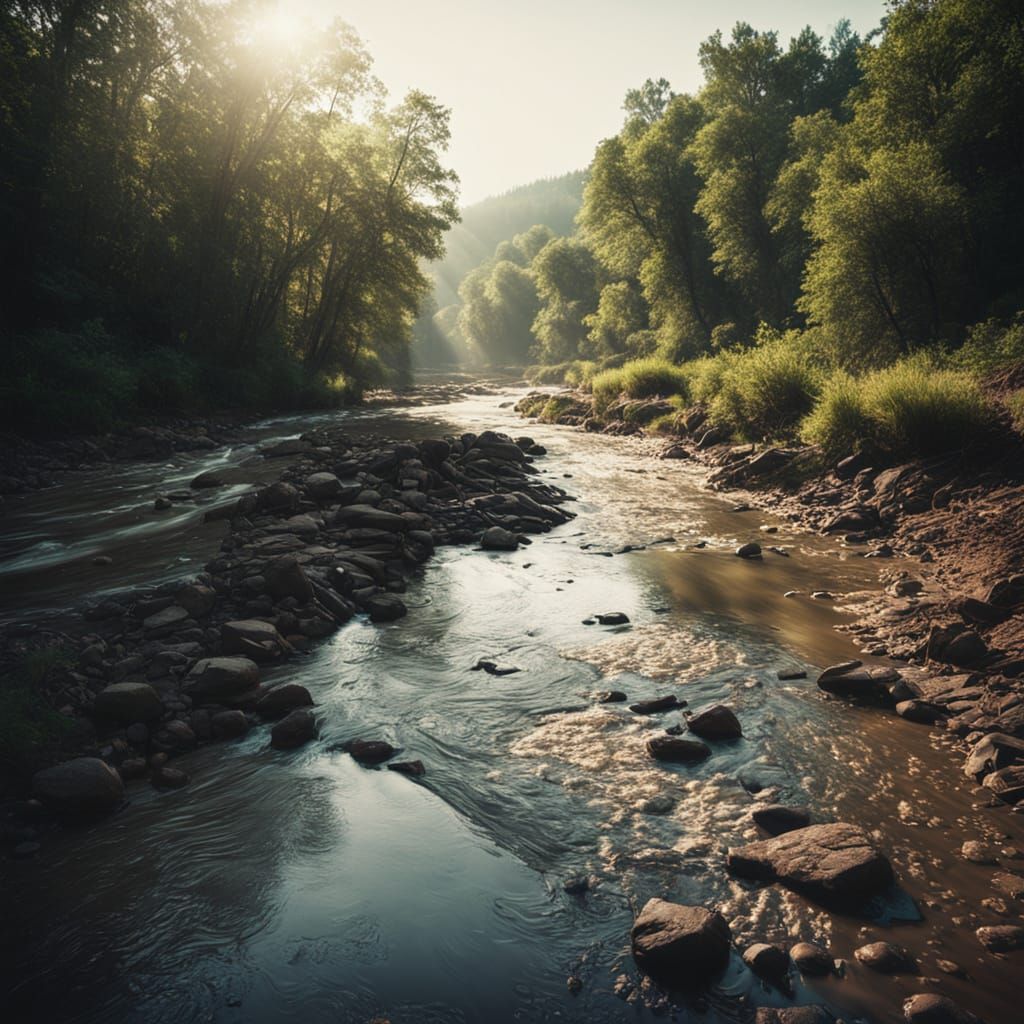 Cinematic Morning Sun Over Muddy River: Film Still