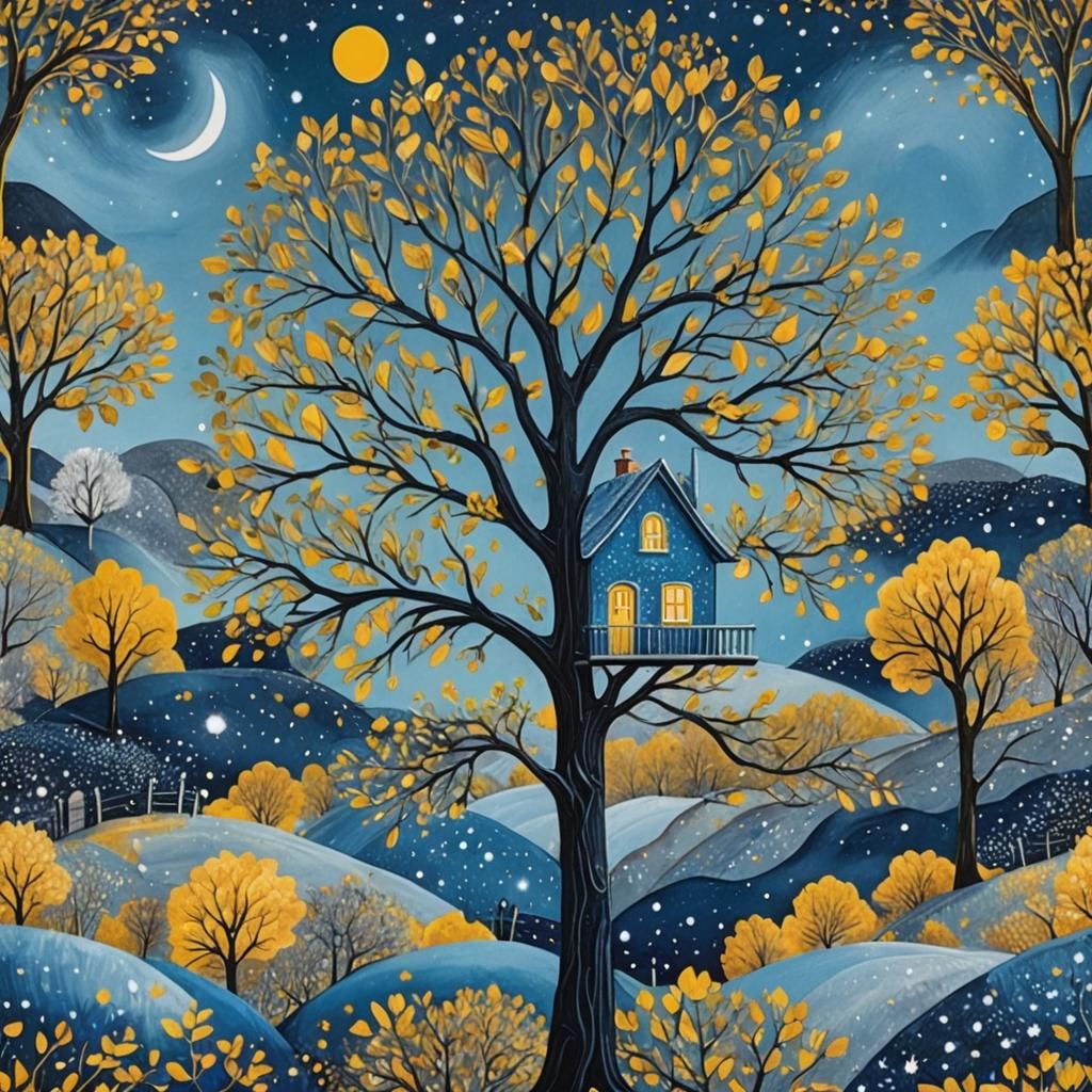 Sparkly Blue Lunar Landscape in Art Brut Style