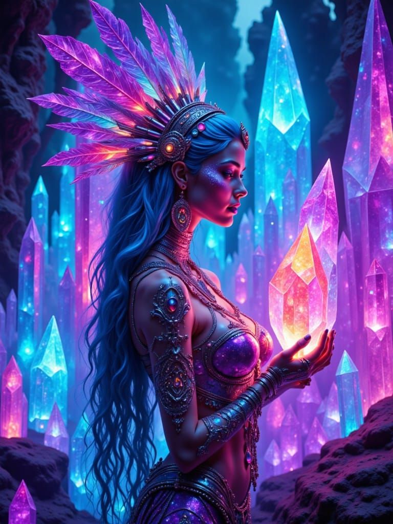 Cyber Shaman Priestess in Neon Crystal Forest