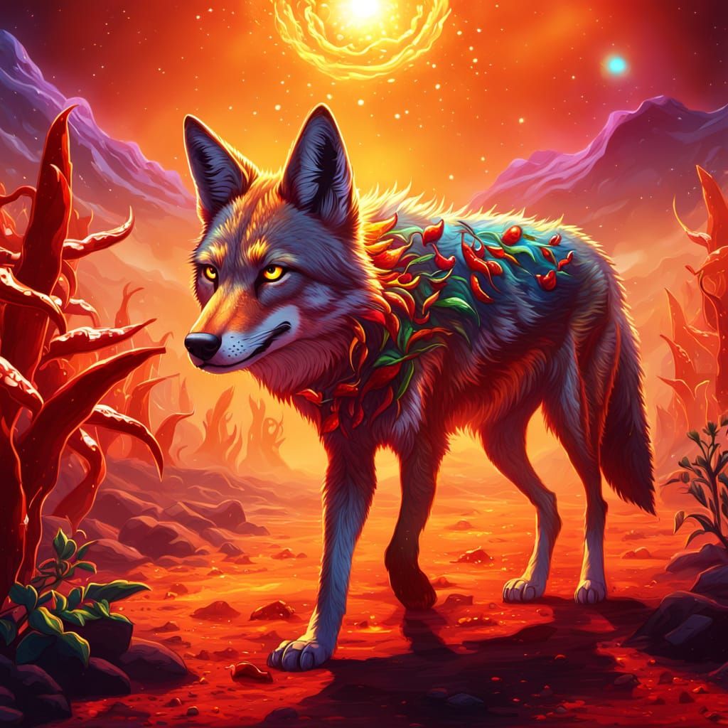 Vibrant Space Coyote in a Triadic Chilli Wonderland