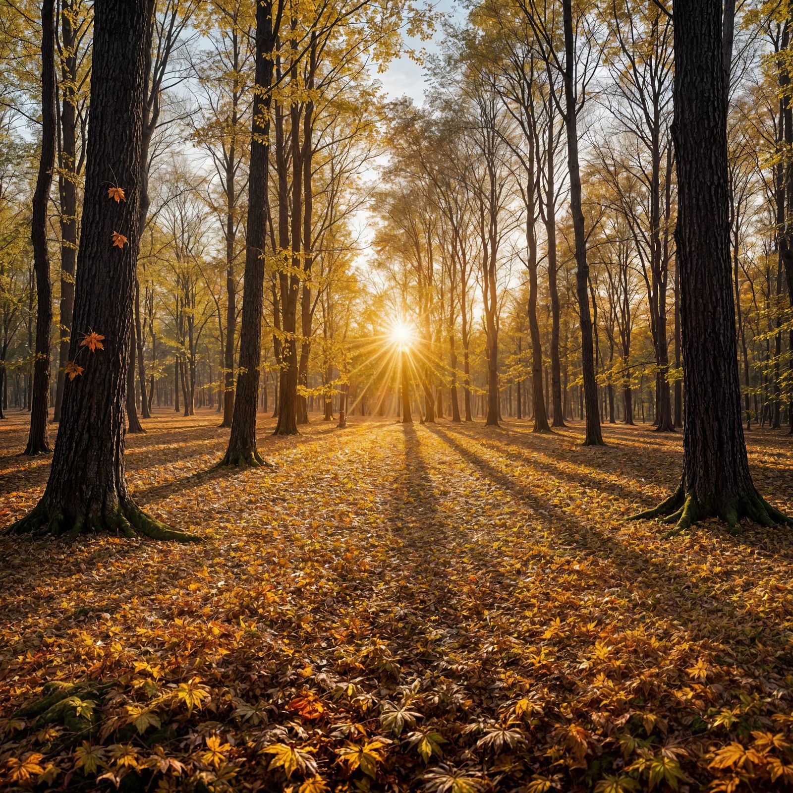 Golden Forest Sunset with Falling Leaves