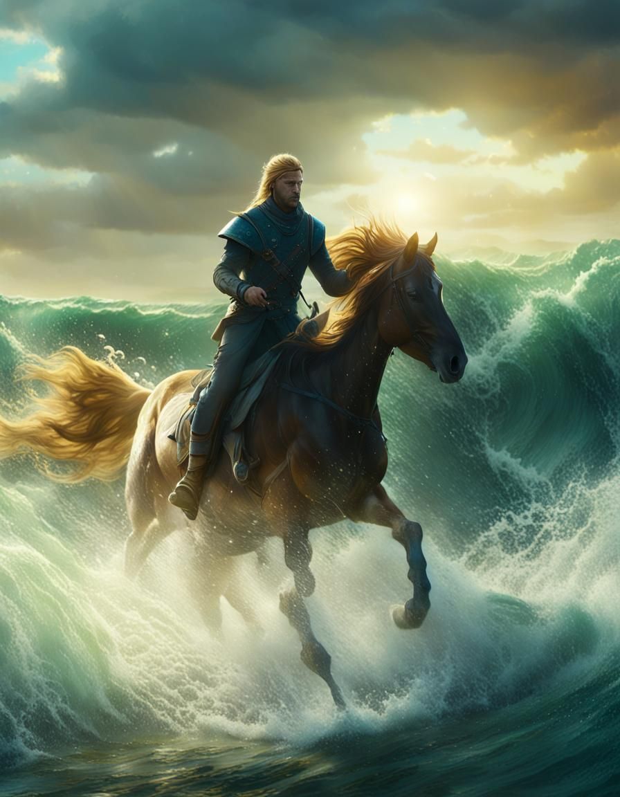 Horse and Raider Chase Through Wild Sea