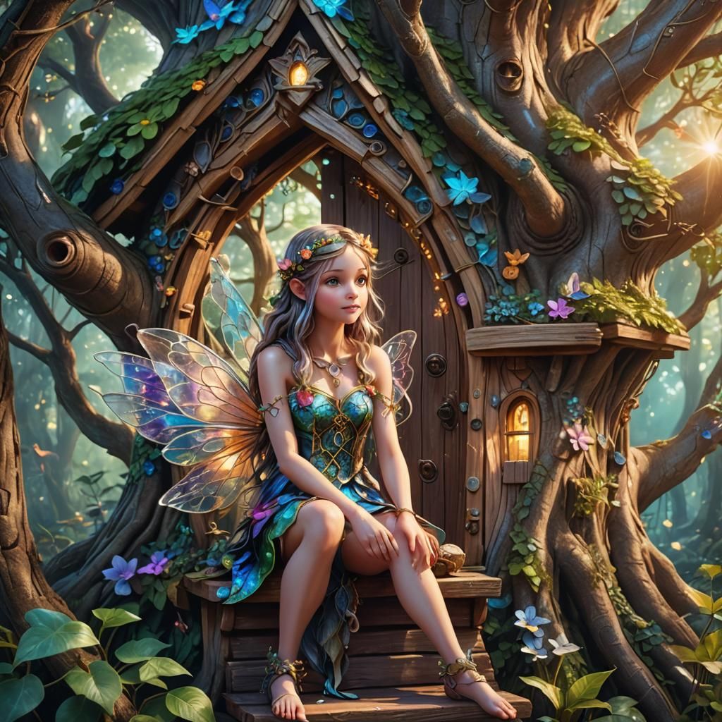 Close-up of a small, bright fairy sitting by the door of a b...