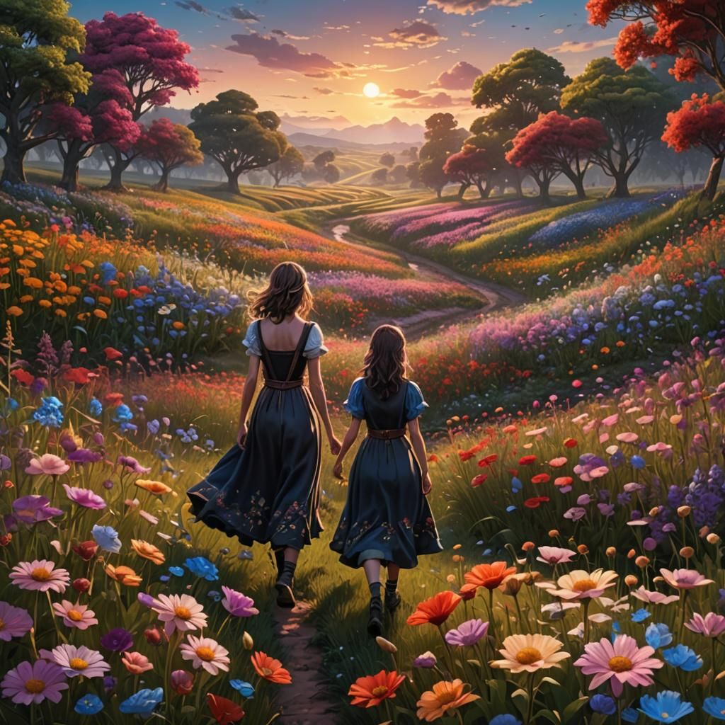 Dawn Flower Field with Girl: Fantasy Concept Art