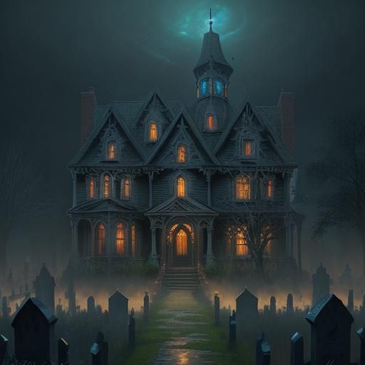 Hyperrealistic Haunted House with Glowing Ghosts