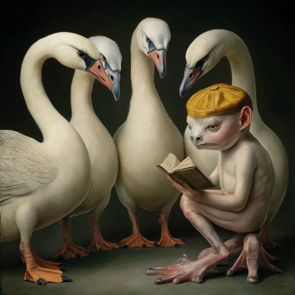 Surreal Swan-Eagle Creatures Observe Reading Child, Dürer St...