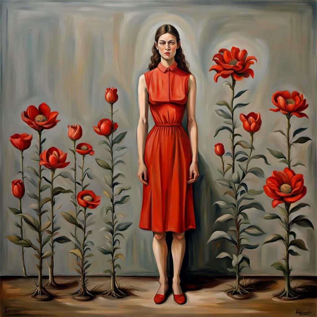 Woman in Red Dress: Surreal Photorealistic Oil Painting
