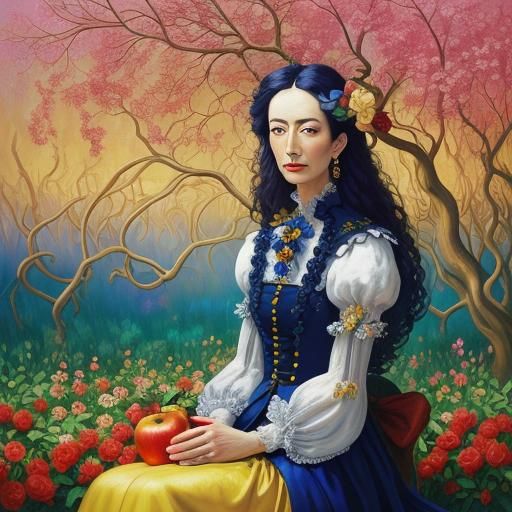 Surreal Woman in Garden with Apple, Oil Painting