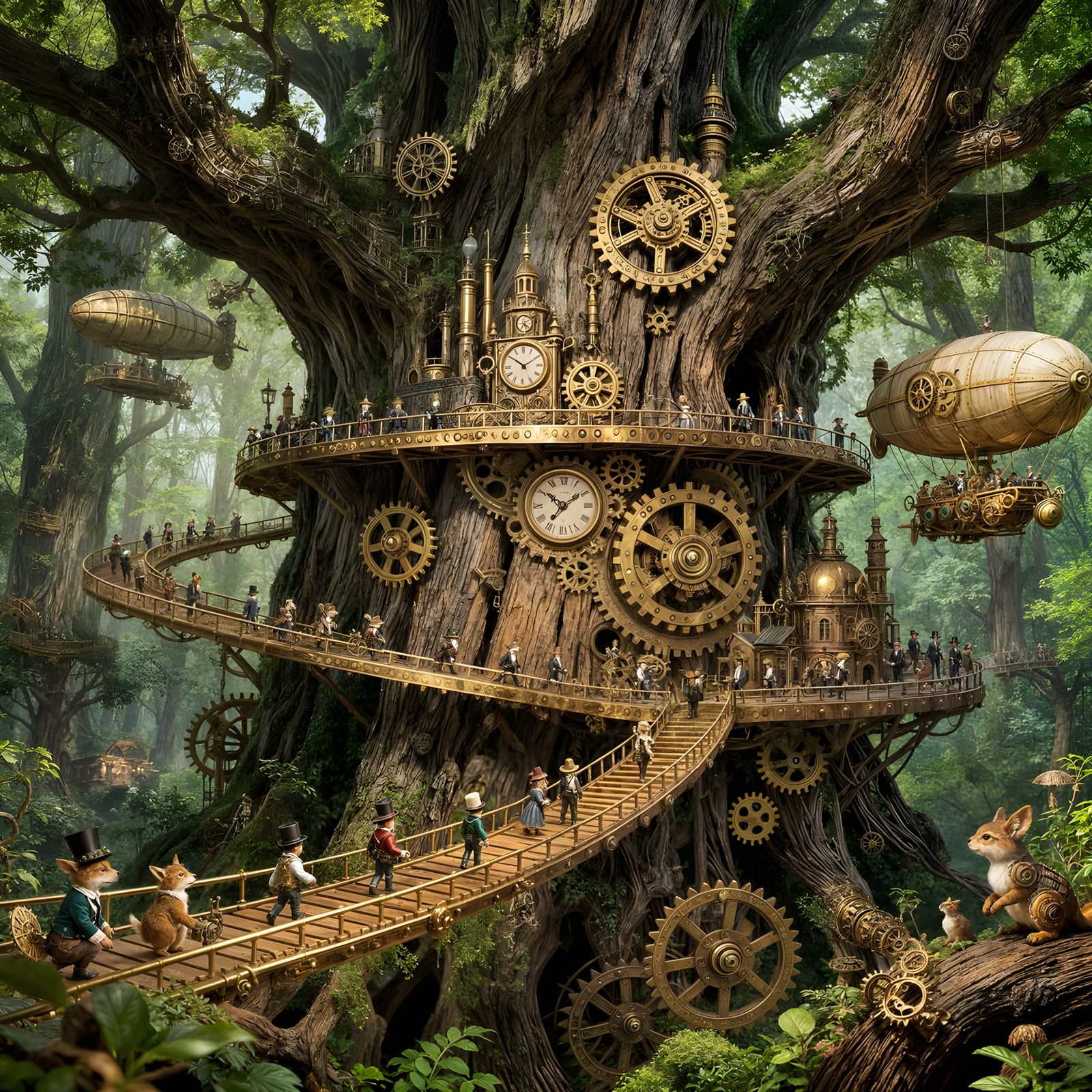 Steampunk Tree City with Dirigibles and Woodland Creatures
