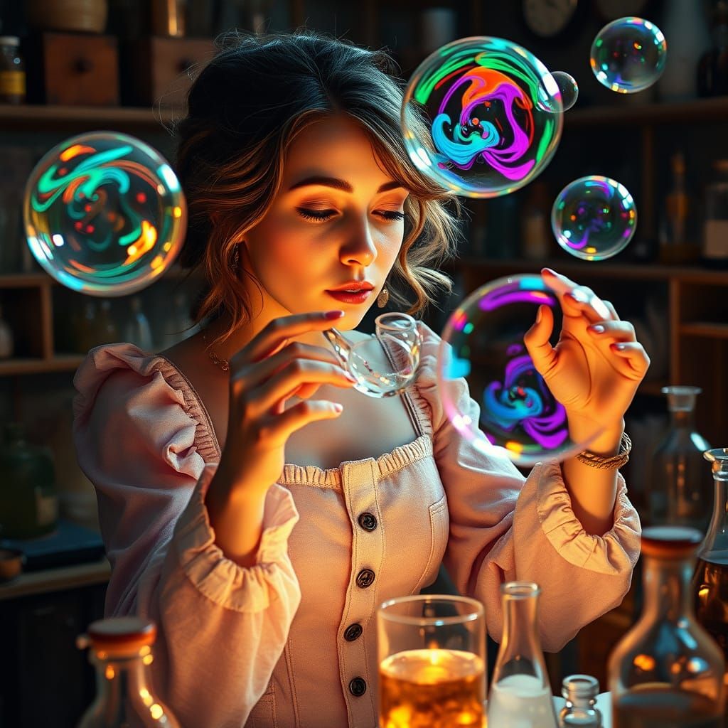 Alchemist Apprentice Blowing Bubbles in Laboratory