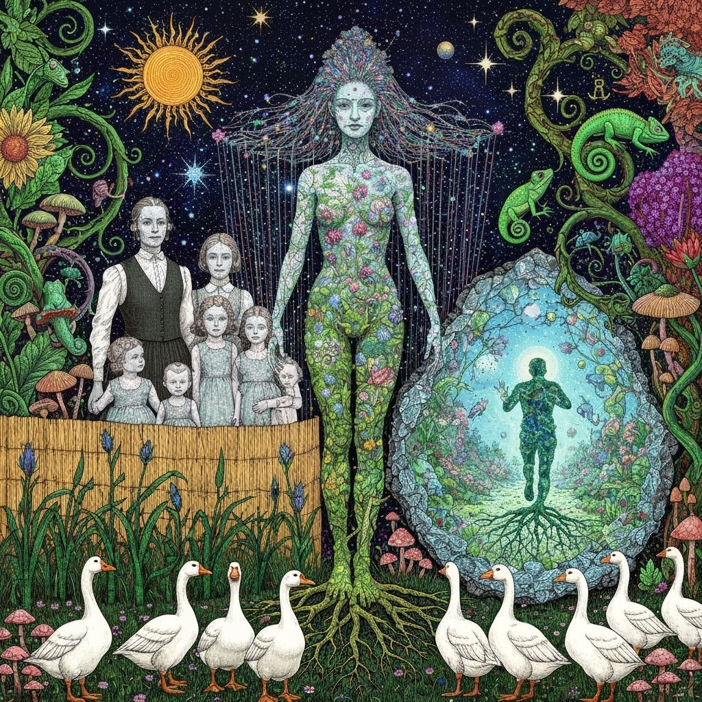 Folkloric Robot and Twins in Surreal Eco-Art Garden