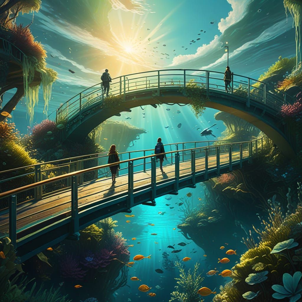 Underwater Pedestrian Bridge with Glowing Sea Life