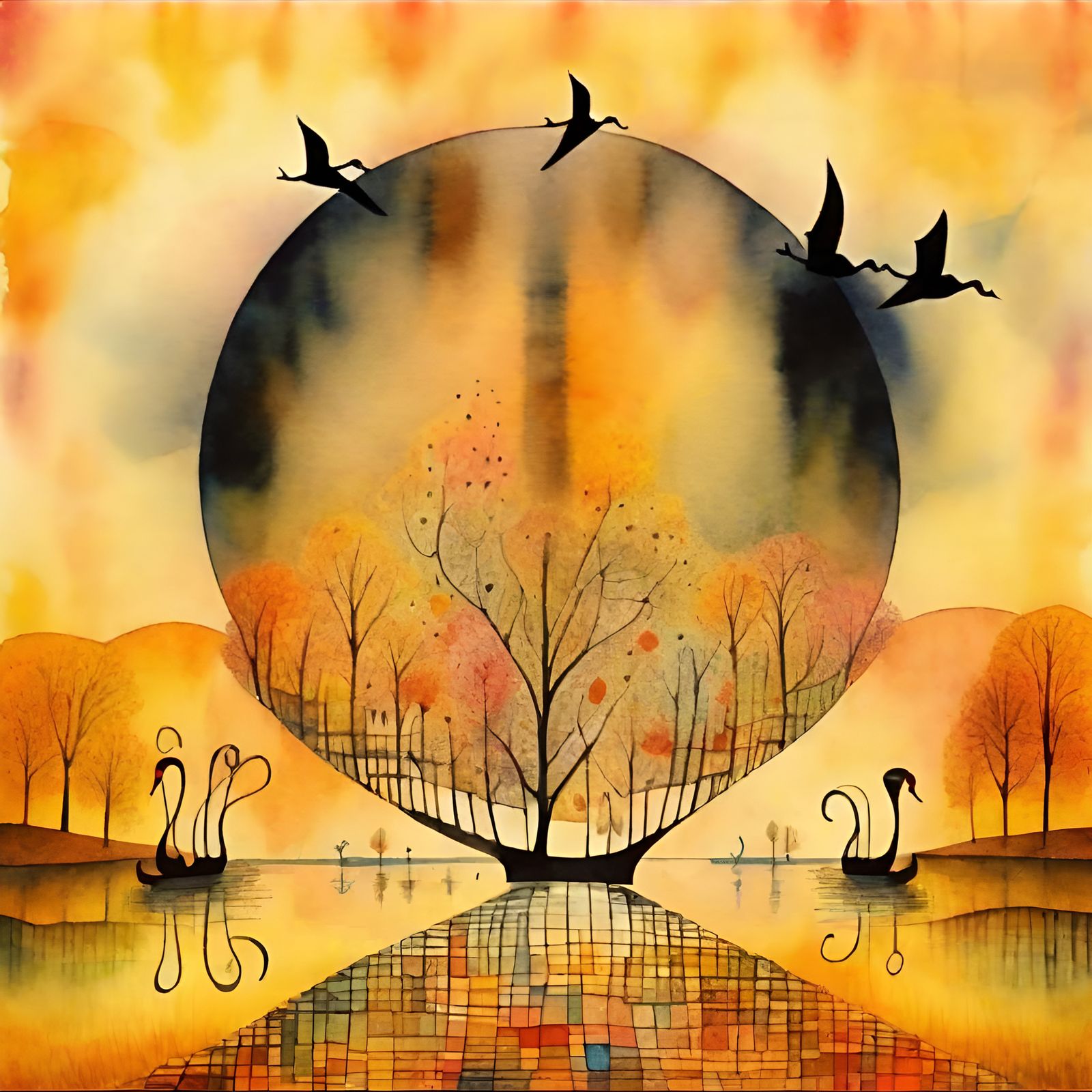 Autumn Lake Fantasy with Swans and Musical Notes